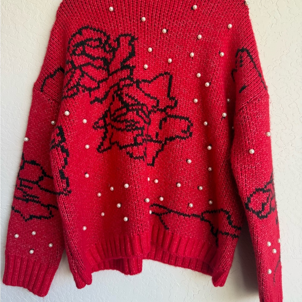 Lisa Says Gah Red Sweater with Black Floral and Pearl Details